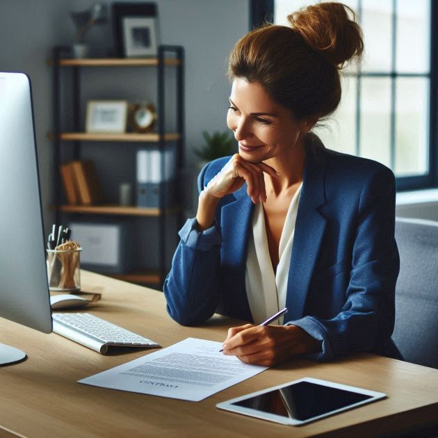 Femme entrepreneure rassurée car a à disposition un contrat adapté